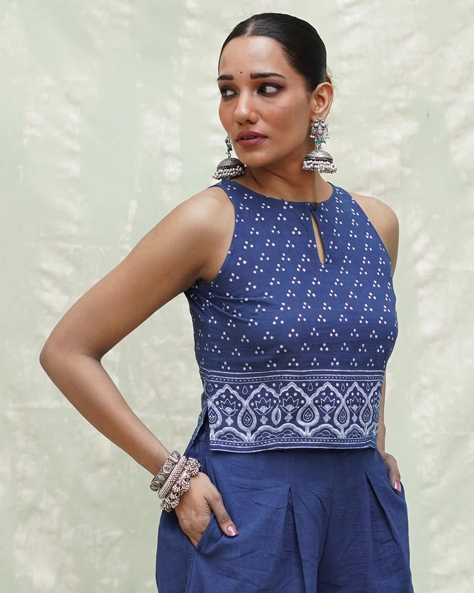 Khamaj Blue Handblock Print Cotton Blouse - INDI - Image 8