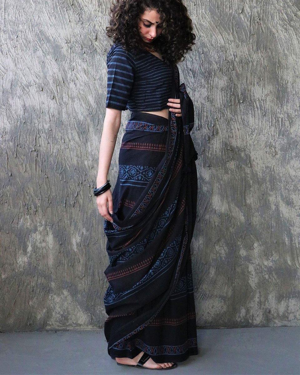 Zoya Handblockprinted Cotton Saree - Kohl - Image 6