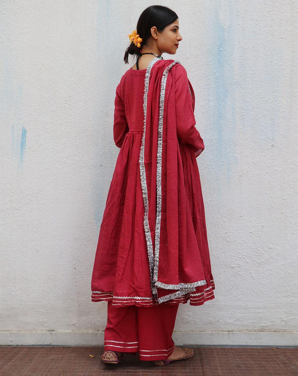 Kusum Crimson Mulmul Cotton Kurta Set with Dupatta Set of 3 - Jugnoo - Image 7