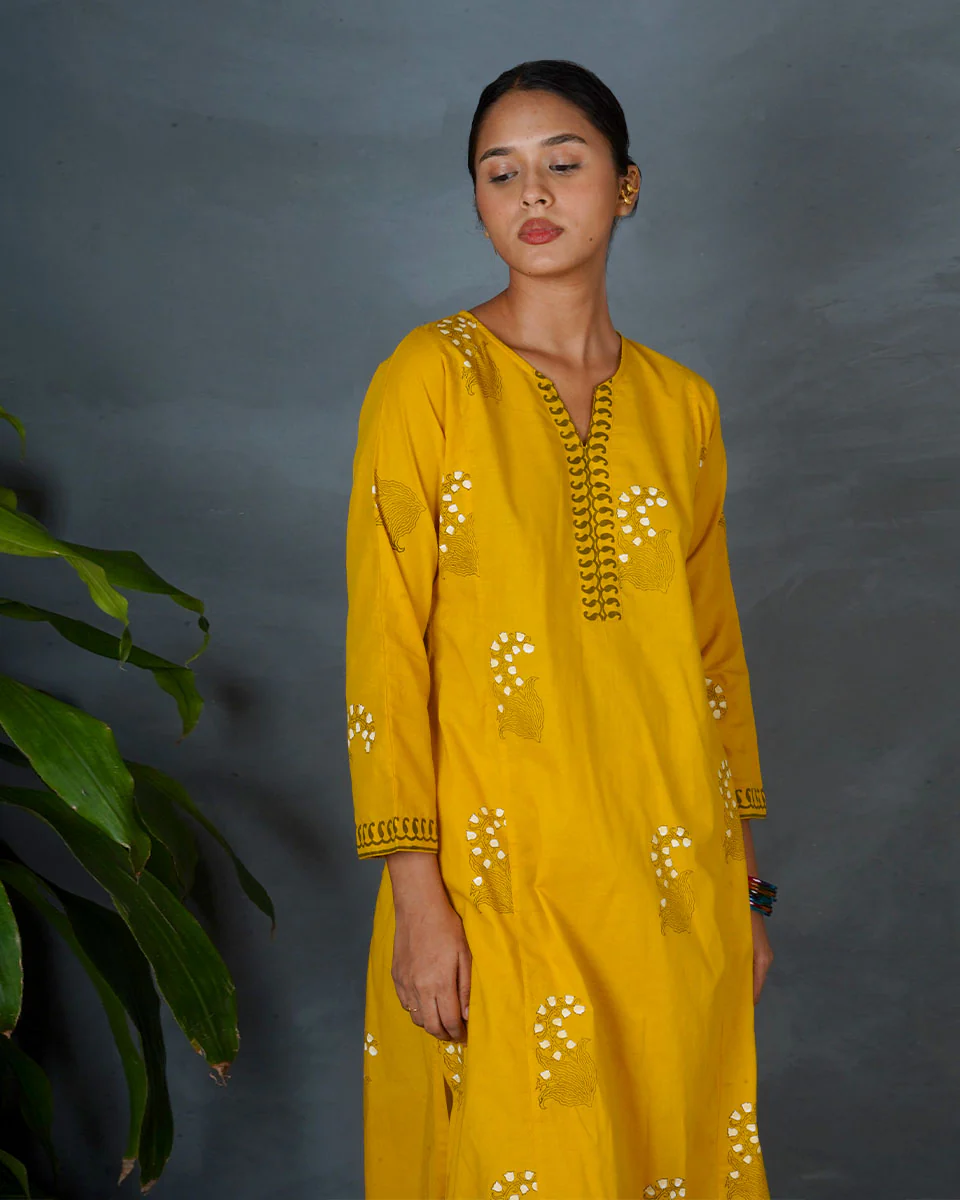 Kyra Yellow Hand Block Printed Cotton Kurta-MYA - Image 9