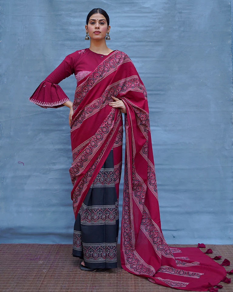 Labanya Maroon Handblock Printed Cotton Saree - Soil