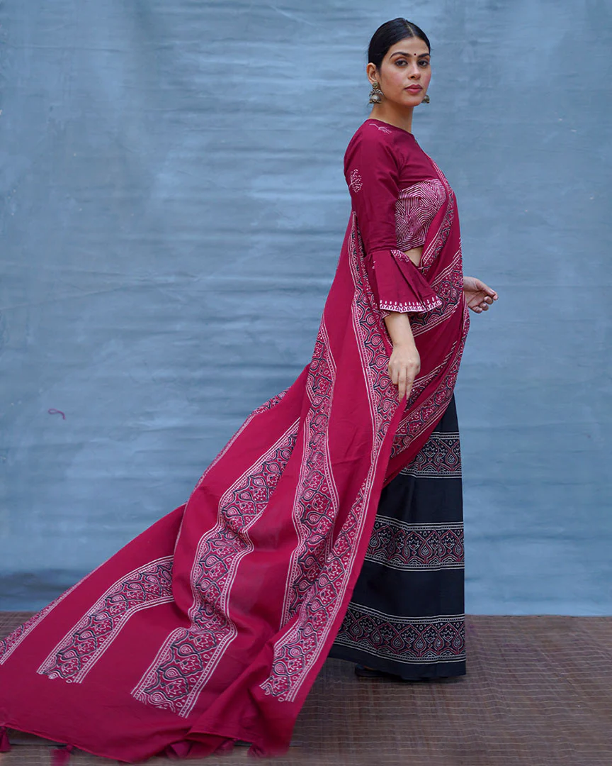 Labanya Maroon Handblock Printed Cotton Saree - Soil - Image 10