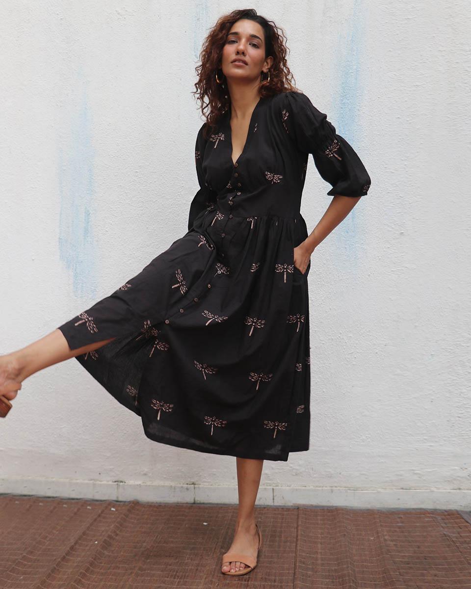 Laid Black Hand block Printed Cotton Dress - Mono - Image 11