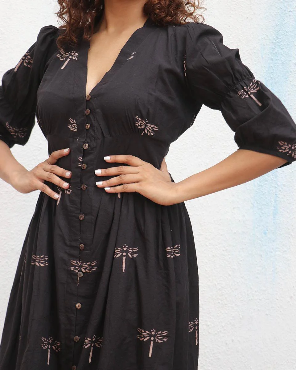 Laid Black Hand block Printed Cotton Dress - Mono - Image 5