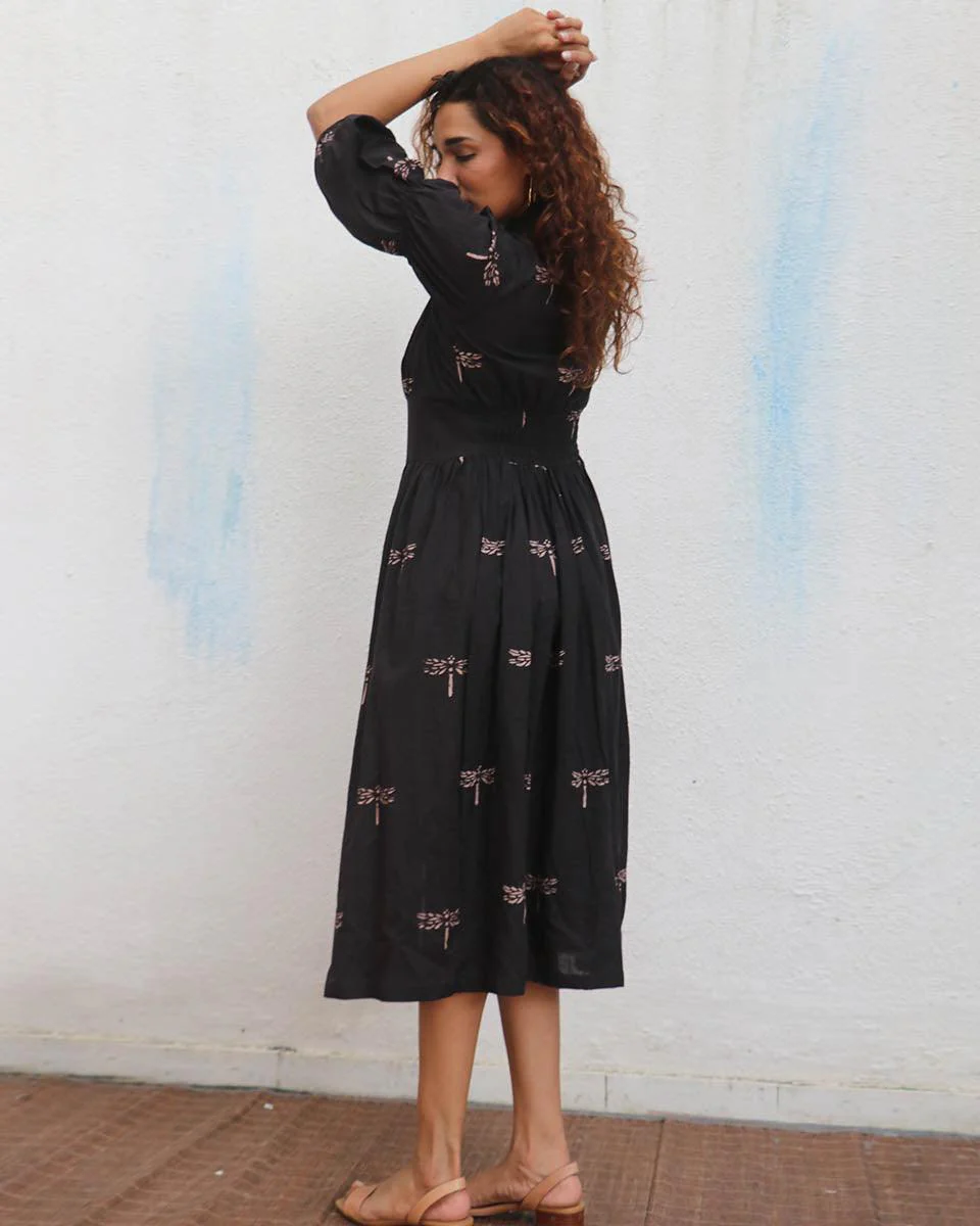 Laid Black Hand block Printed Cotton Dress - Mono - Image 7