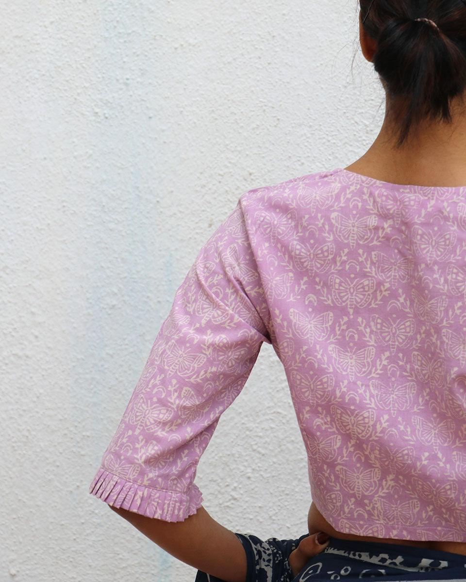 Lavender Jean Handblock Printed Cotton Crop Top Blouse - Image 2