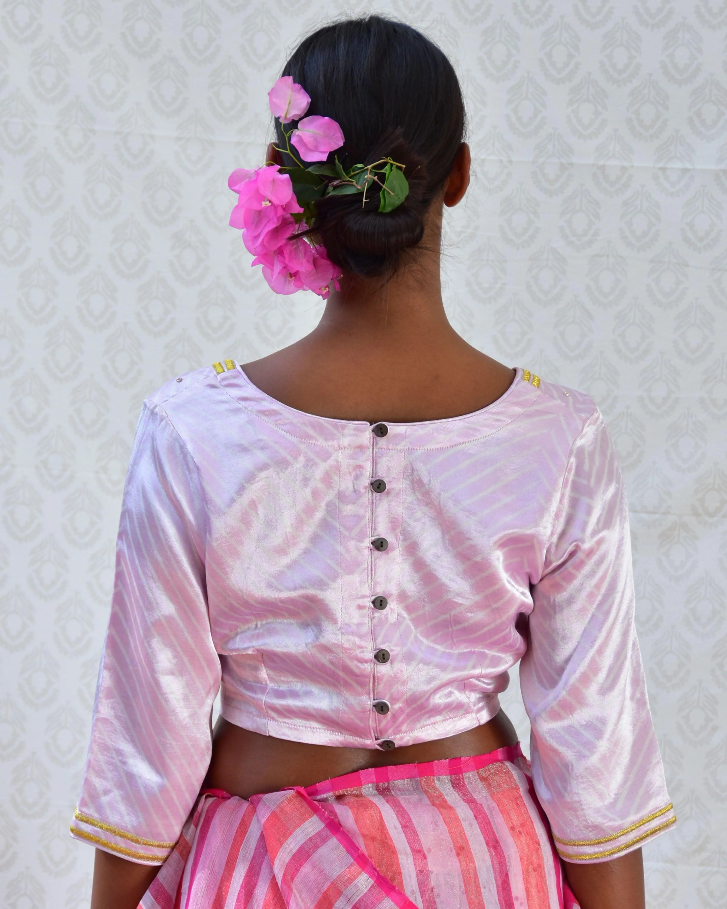 Lavender Sip Handblockprinted Mashru Silk Blouse - Bgvl - Image 4