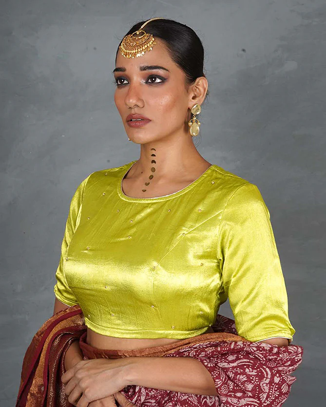 Leela Lime Green Mashru Silk Blouse - TARA - Image 5