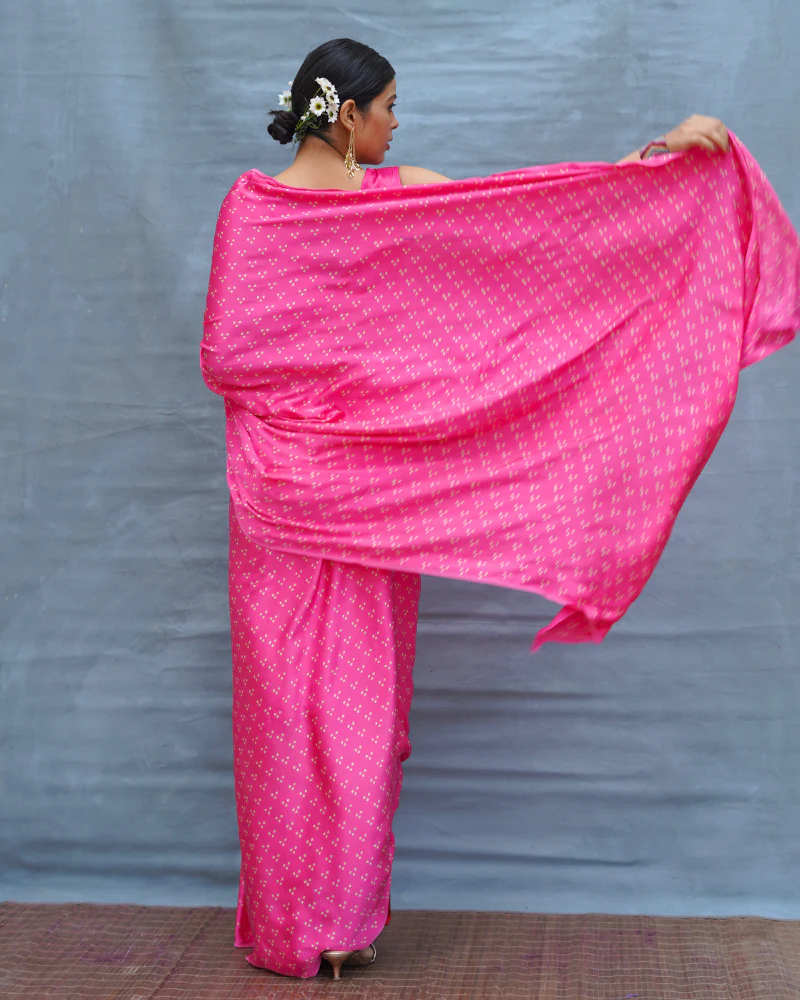 Light Sway Pink With Red Handblock Print Modal Silk Saree - Flow - Image 3