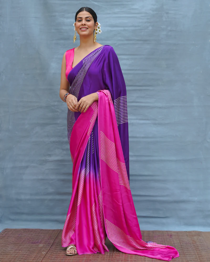 Loose Grace Pink With Purple Handblock Print Modal Silk Saree - Flow
