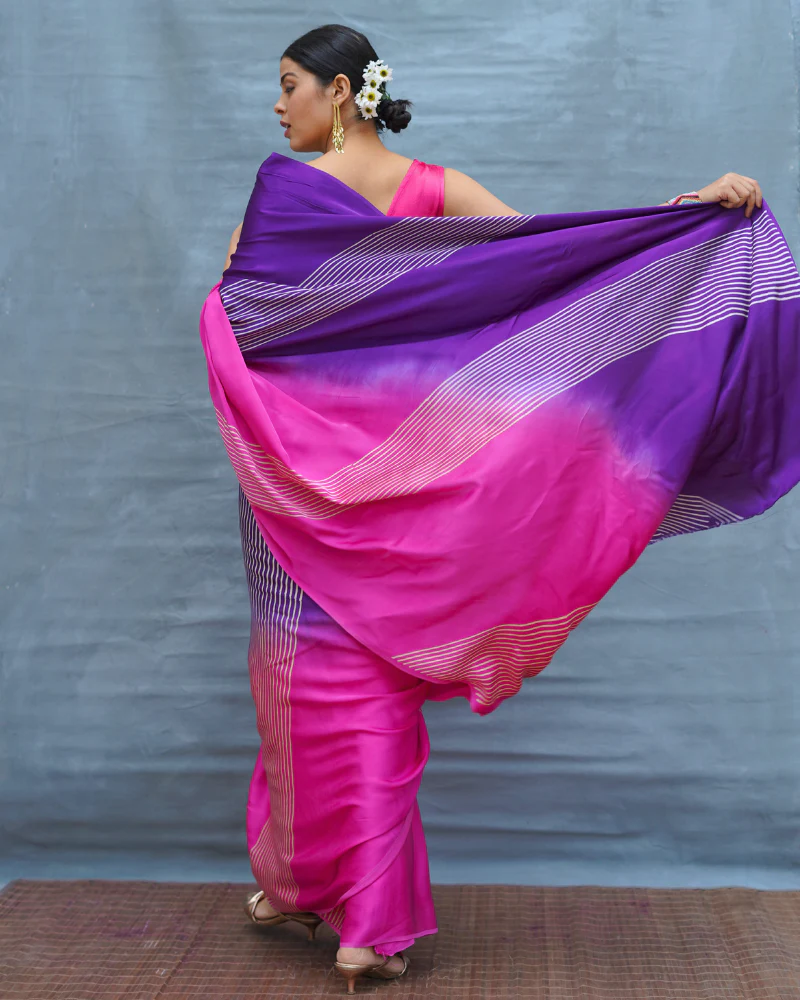 Loose Grace Pink With Purple Handblock Print Modal Silk Saree - Flow - Image 3