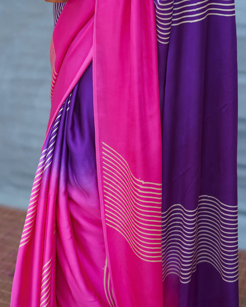 Loose Grace Pink With Purple Handblock Print Modal Silk Saree - Flow - Image 6