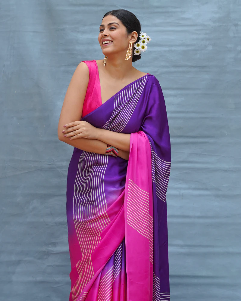 Loose Grace Pink With Purple Handblock Print Modal Silk Saree - Flow - Image 7