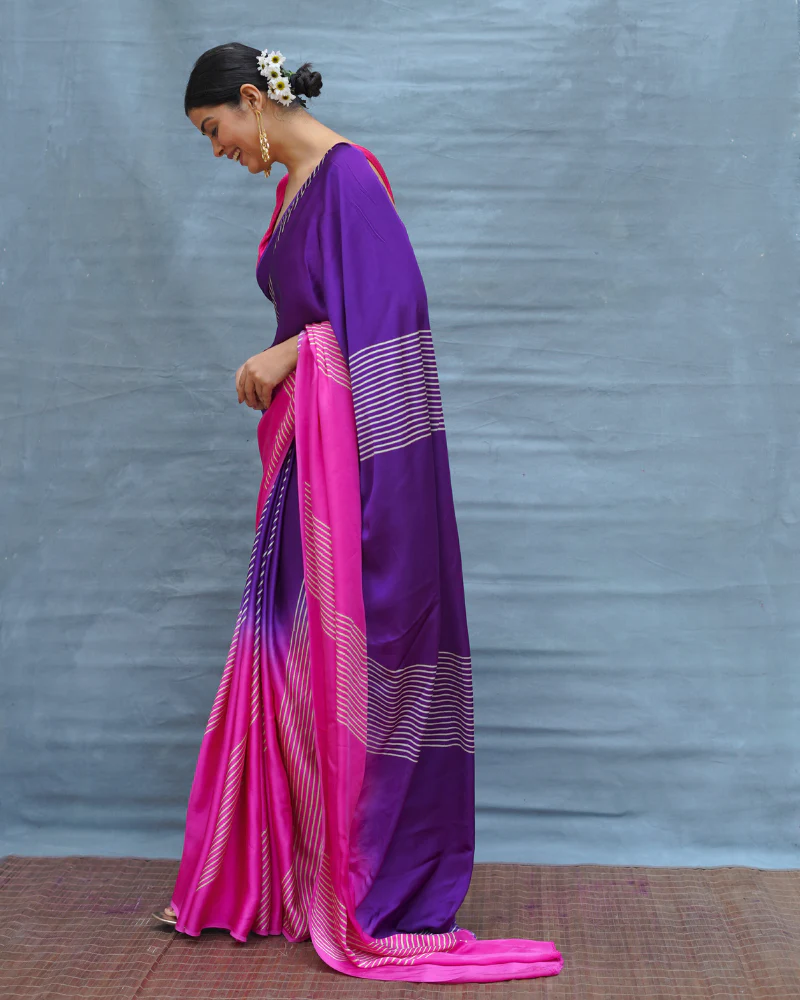 Loose Grace Pink With Purple Handblock Print Modal Silk Saree - Flow - Image 9