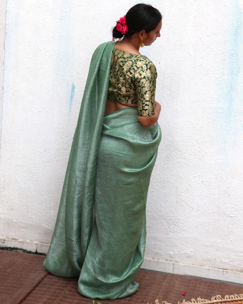 Lush Green Handwoven Linen Zari Saree - TOG - Image 5
