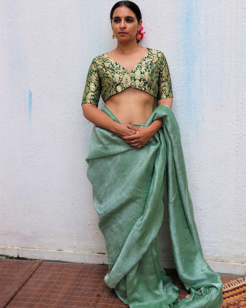Lush Green Handwoven Linen Zari Saree - TOG - Image 8