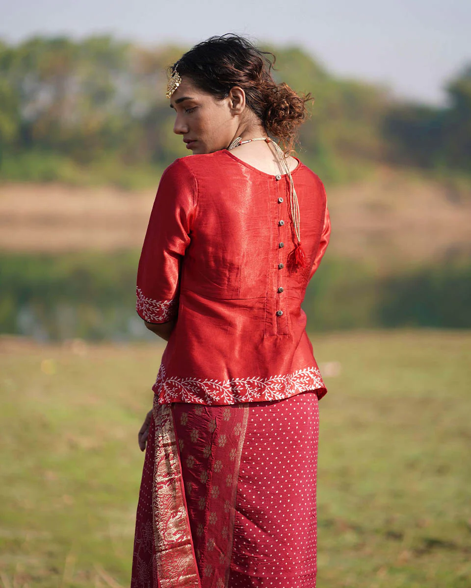 Madhav Blockprinted Mashru Silk Blouse - RB - Image 3