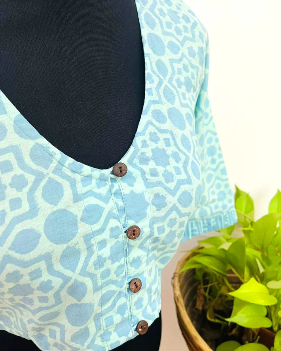Madhubani Sky Blue Handblock Print Cotton Blouse - Noor - Image 2