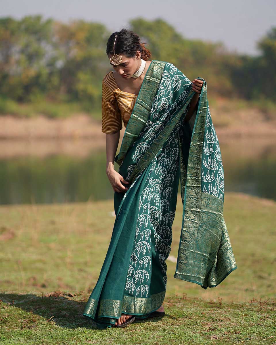 Madhurima Green Block printed Dola Silk Saree - RB - Image 11
