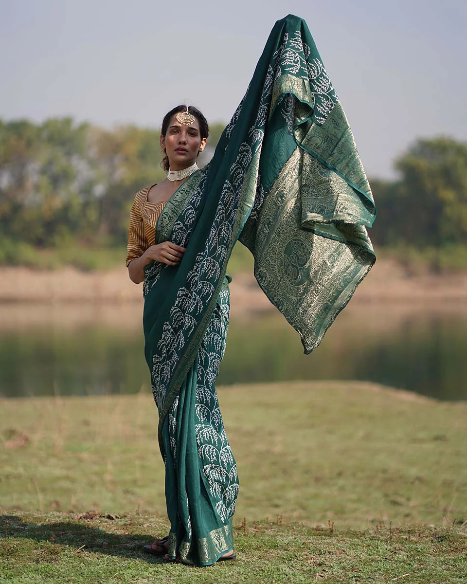 Madhurima Green Block printed Dola Silk Saree - RB - Image 8