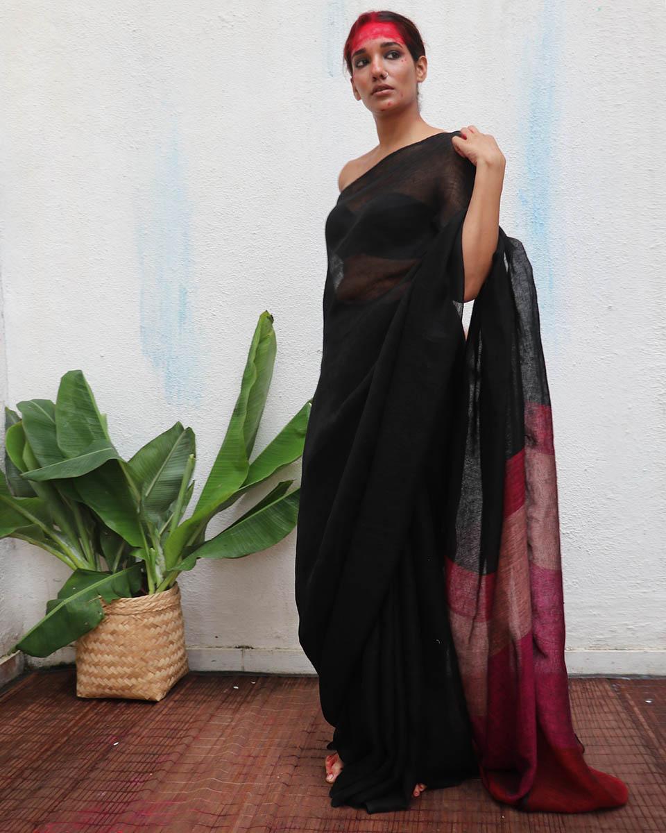 Maheshwari Black Handwoven Linen Saree - Kaali - Image 3
