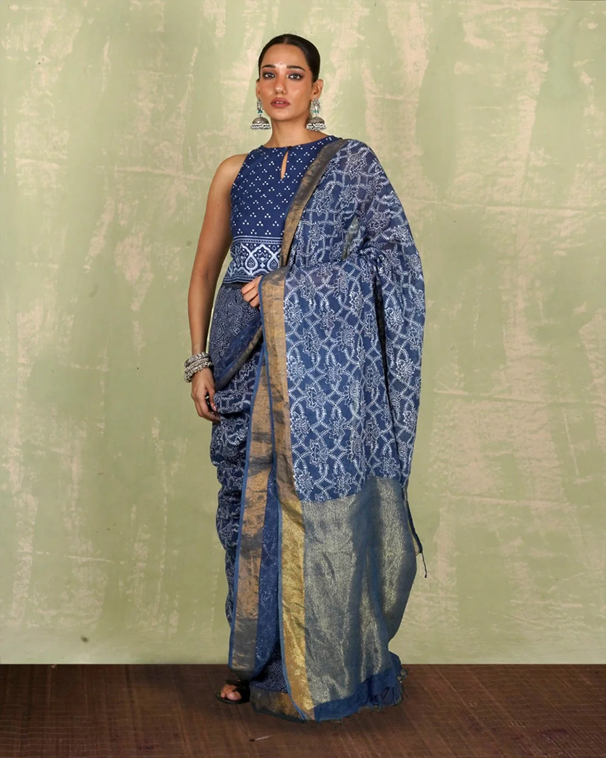 Malavi Blue Handblock Print Linen Saree - INDI