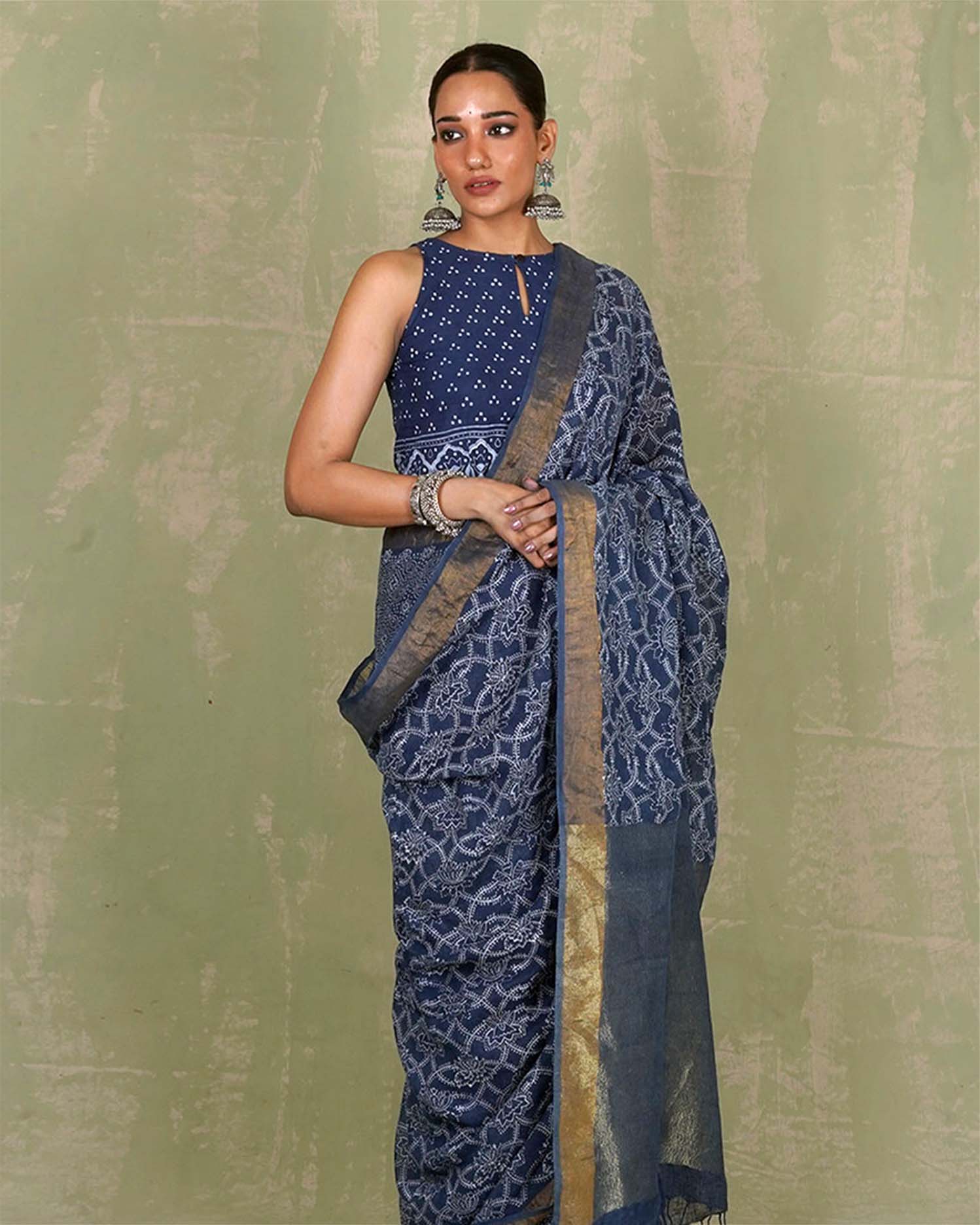 Malavi Blue Handblock Print Linen Saree - INDI - Image 10