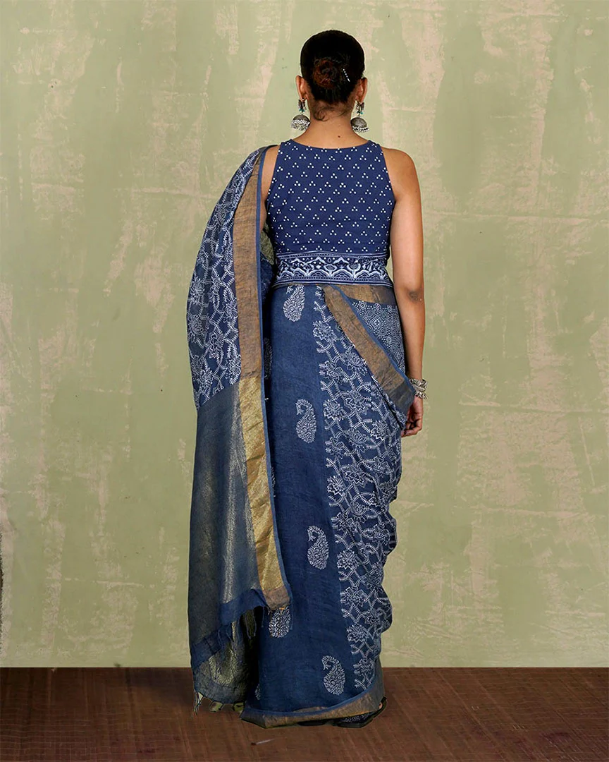 Malavi Blue Handblock Print Linen Saree - INDI - Image 3