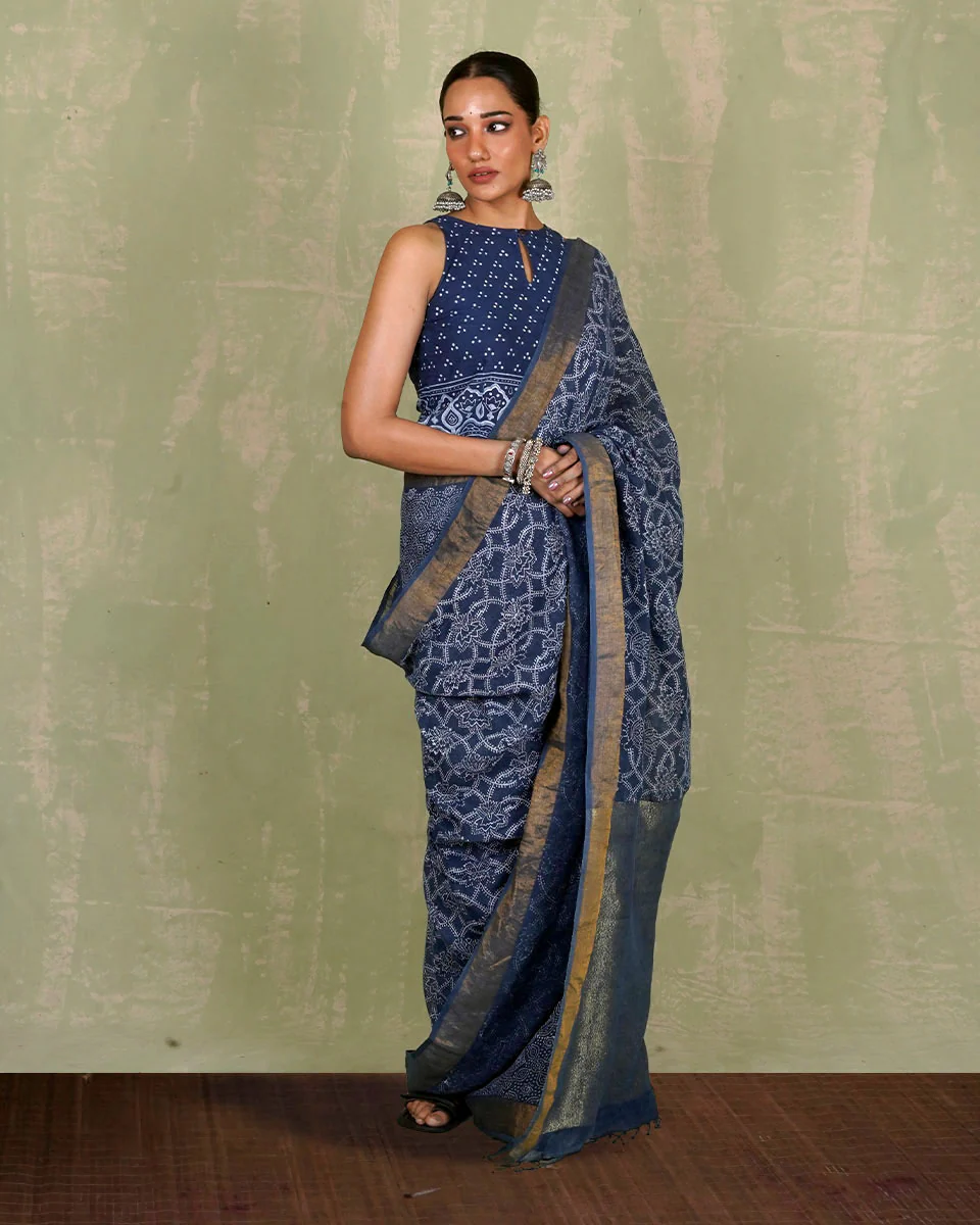Malavi Blue Handblock Print Linen Saree - INDI - Image 4