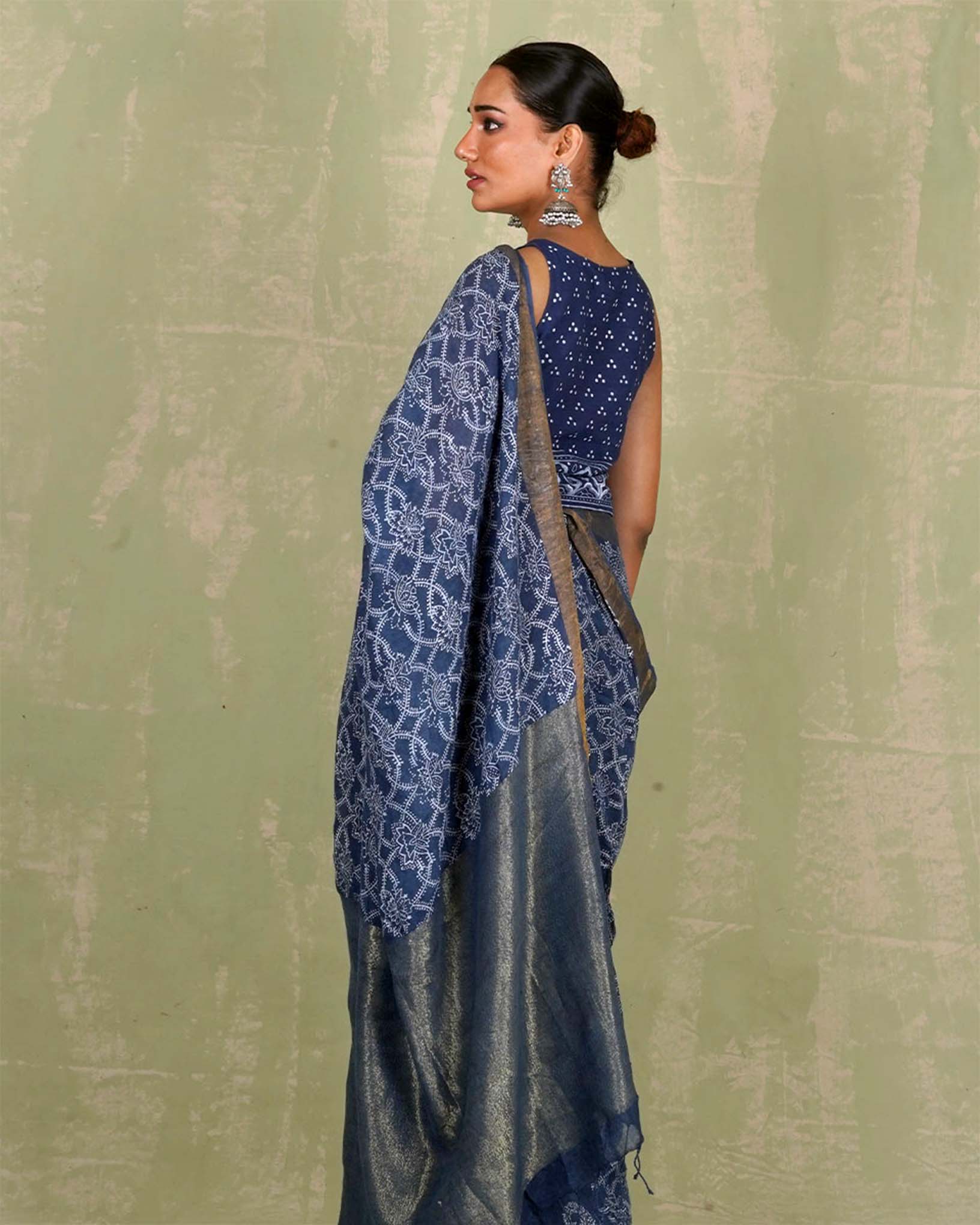 Malavi Blue Handblock Print Linen Saree - INDI - Image 5