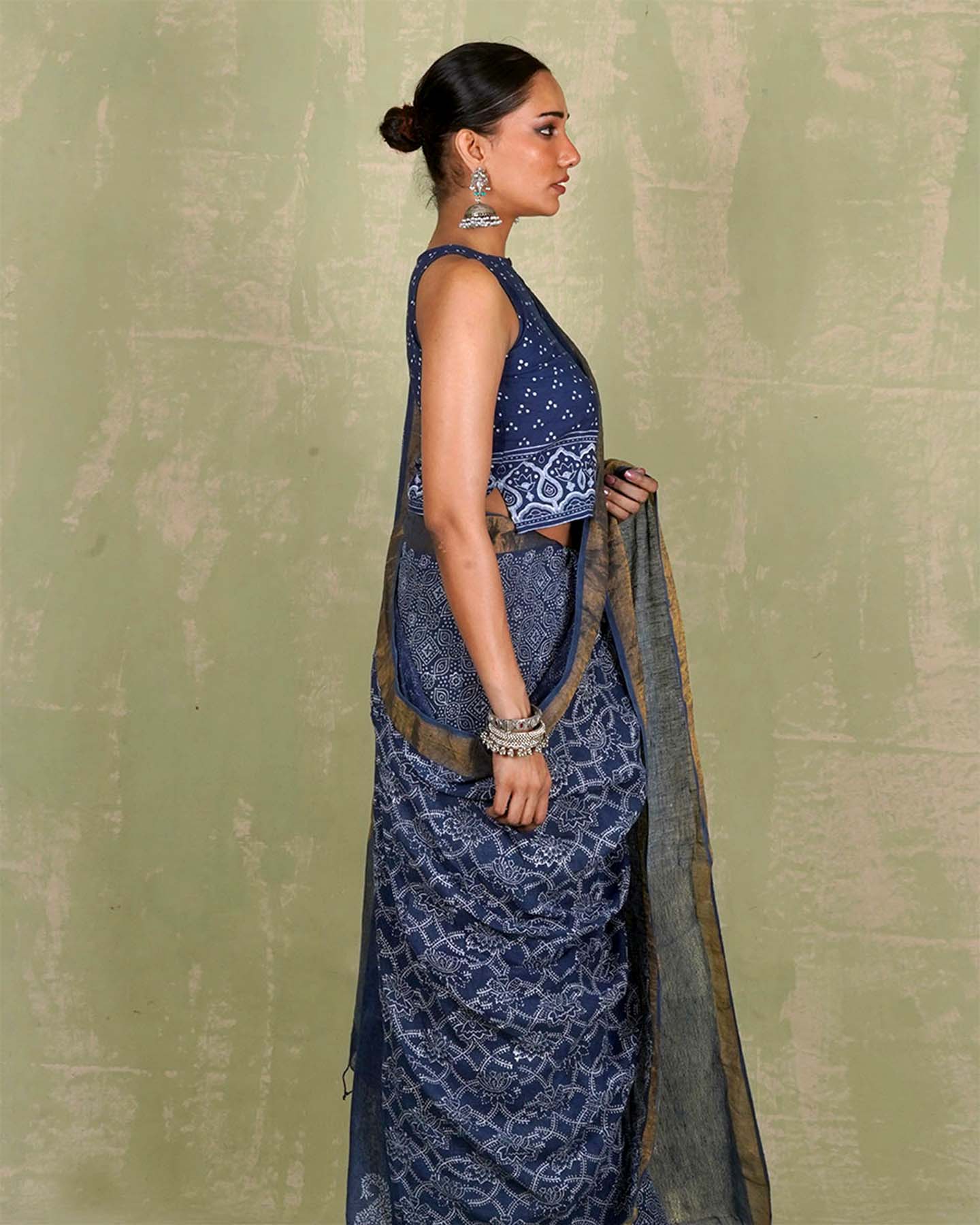 Malavi Blue Handblock Print Linen Saree - INDI - Image 6