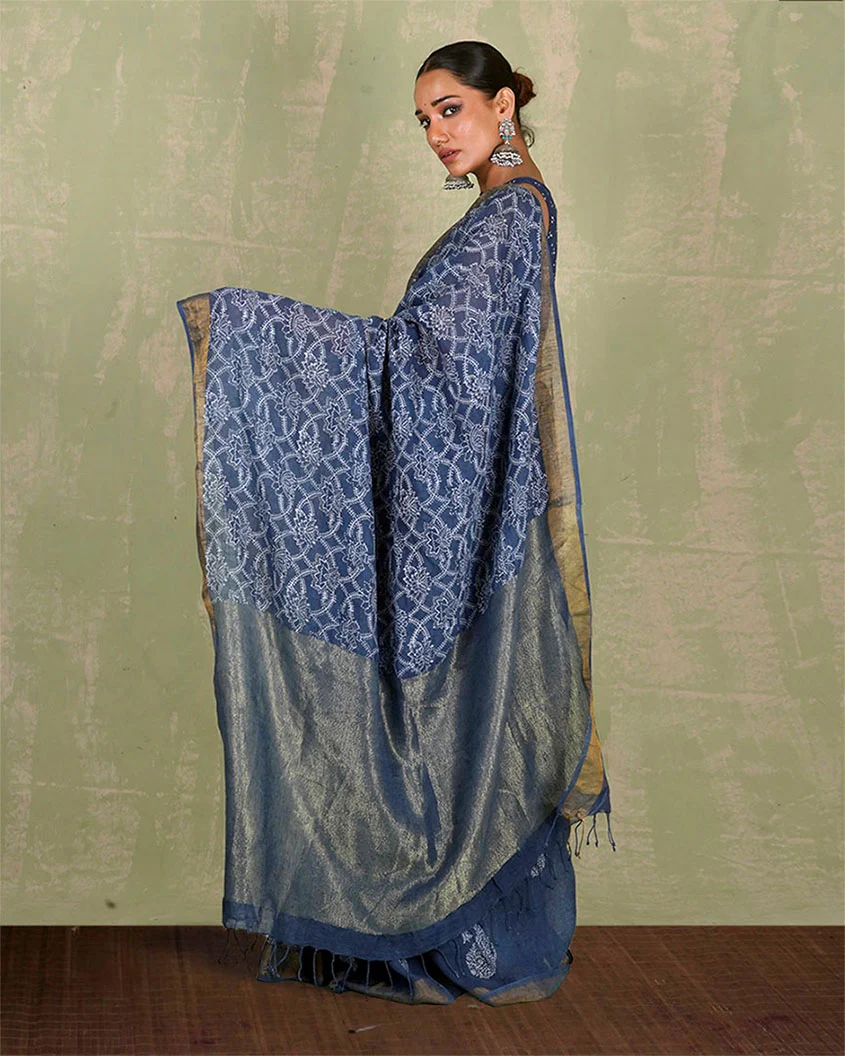 Malavi Blue Handblock Print Linen Saree - INDI - Image 7