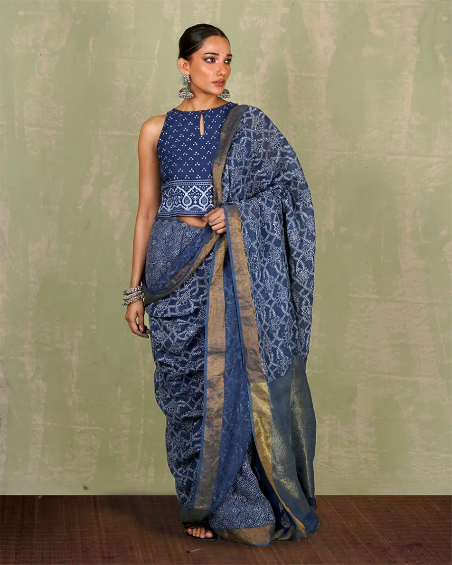 Malavi Blue Handblock Print Linen Saree - INDI - Image 8