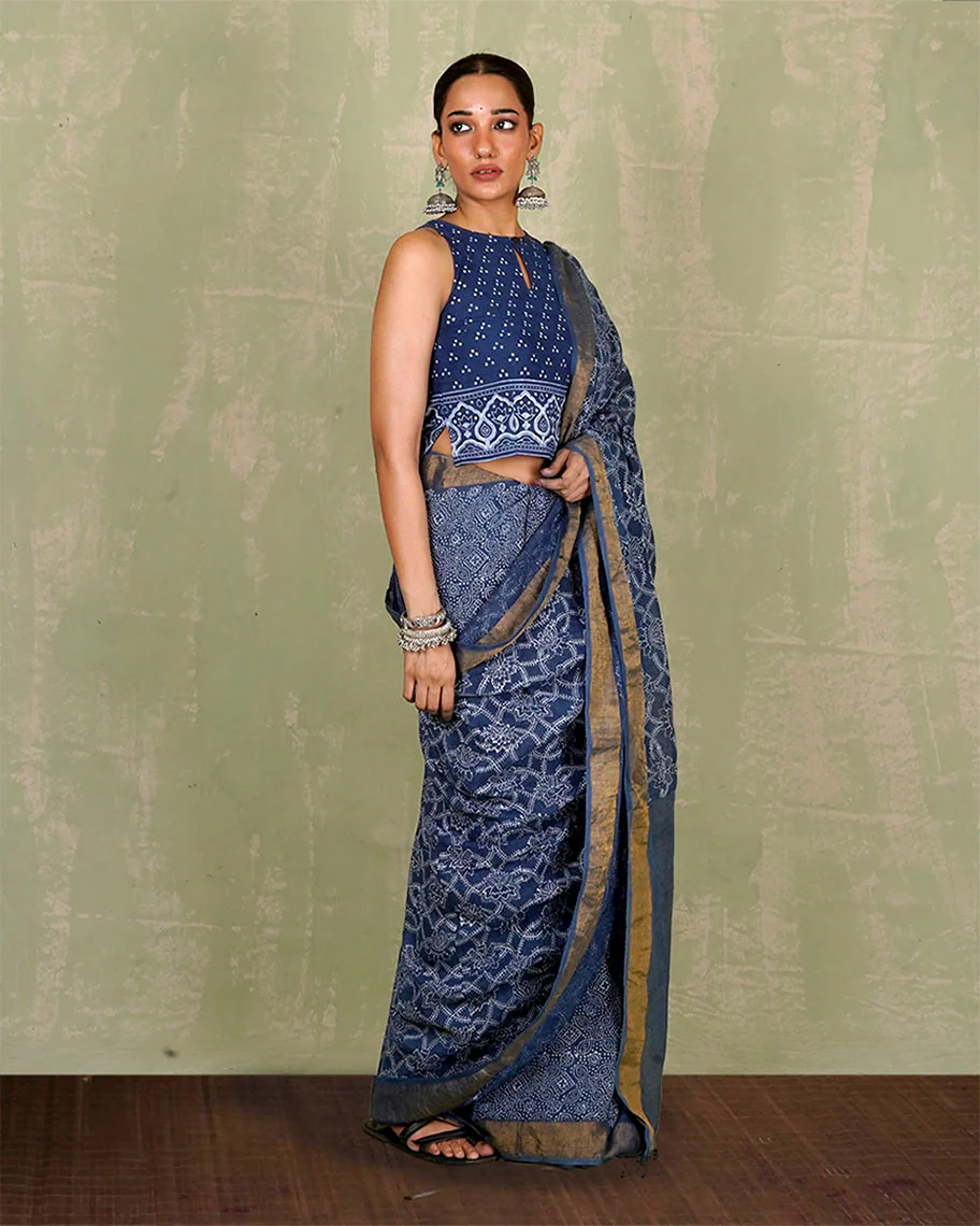 Malavi Blue Handblock Print Linen Saree - INDI - Image 9
