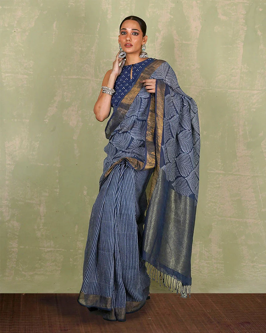 Malhari Blue Handblock Print Linen Saree - INDI - Image 4