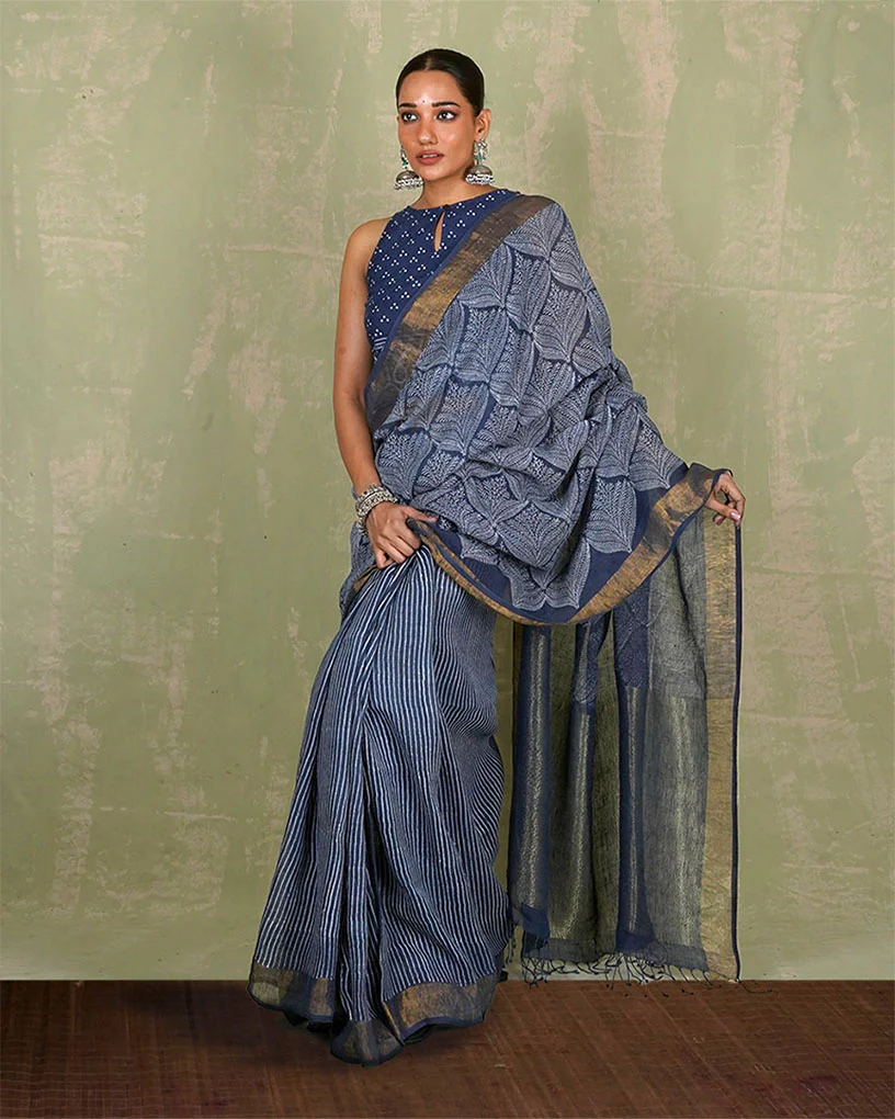 Malhari Blue Handblock Print Linen Saree - INDI - Image 5