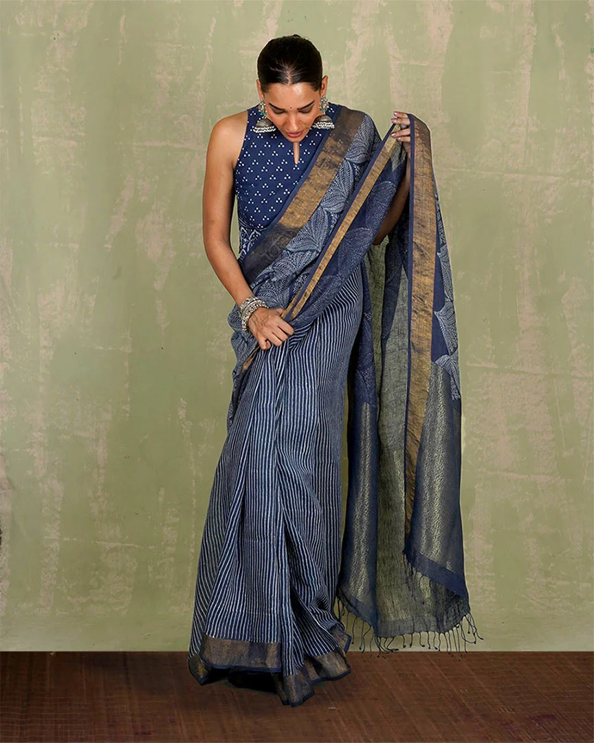 Malhari Blue Handblock Print Linen Saree - INDI - Image 7