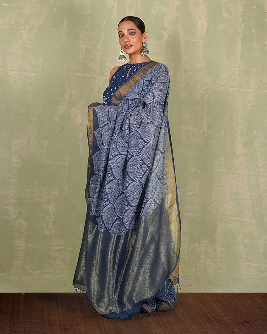 Malhari Blue Handblock Print Linen Saree - INDI - Image 9