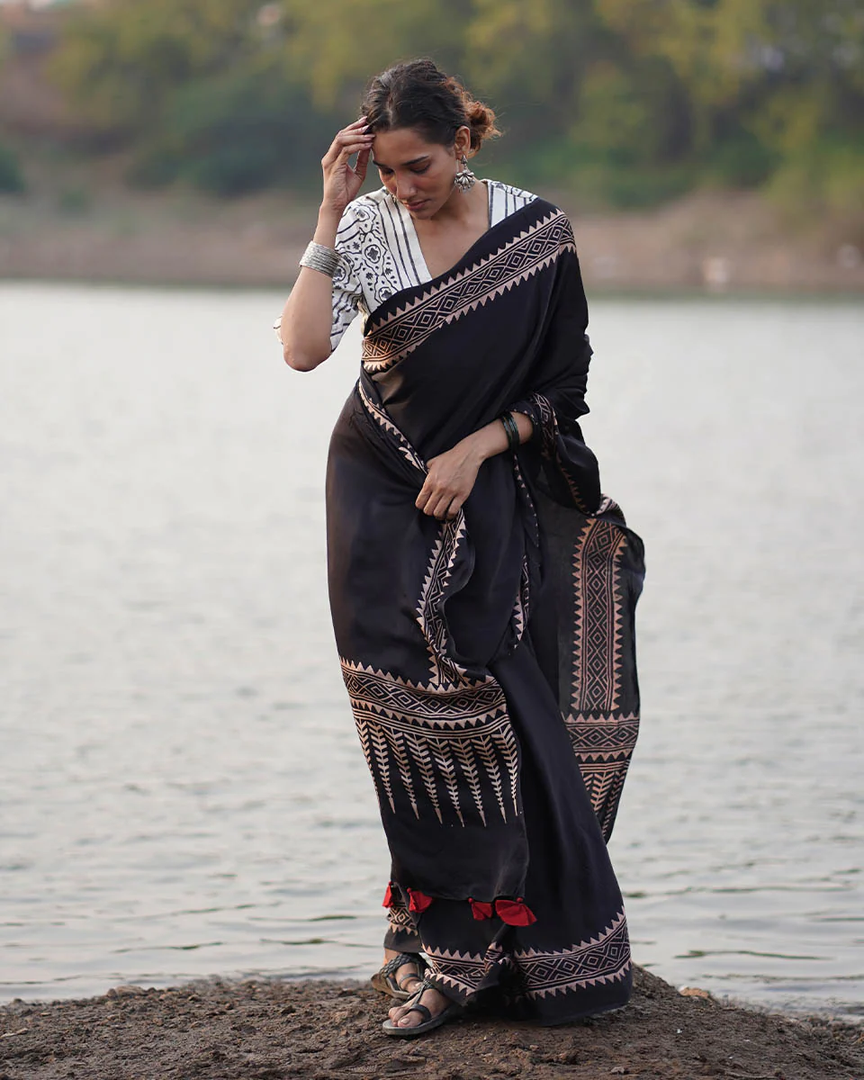 Mansi Black Block printed Modal Silk Saree - Jaisal - Image 8