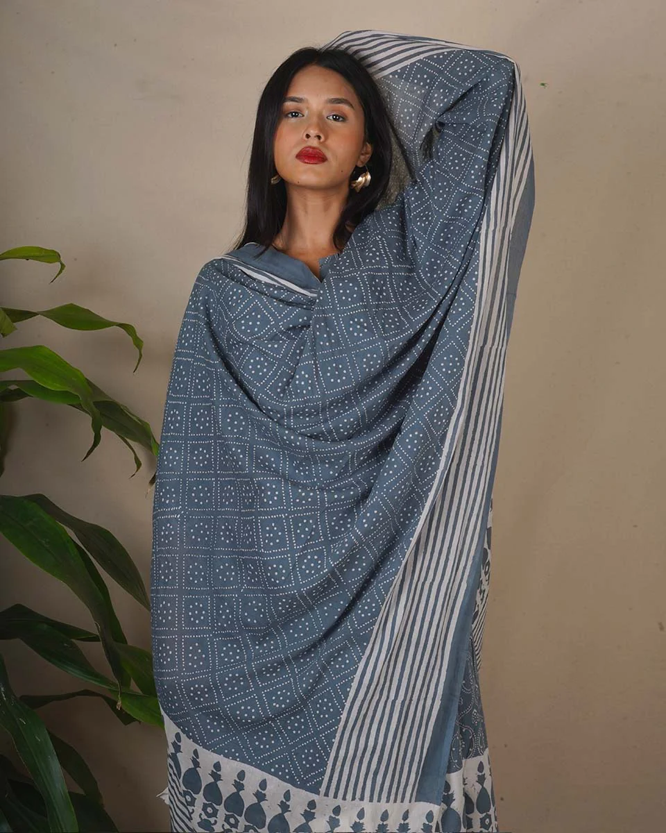 Marble Sigh Grey Block Printed Dupatta - BMS - Image 7