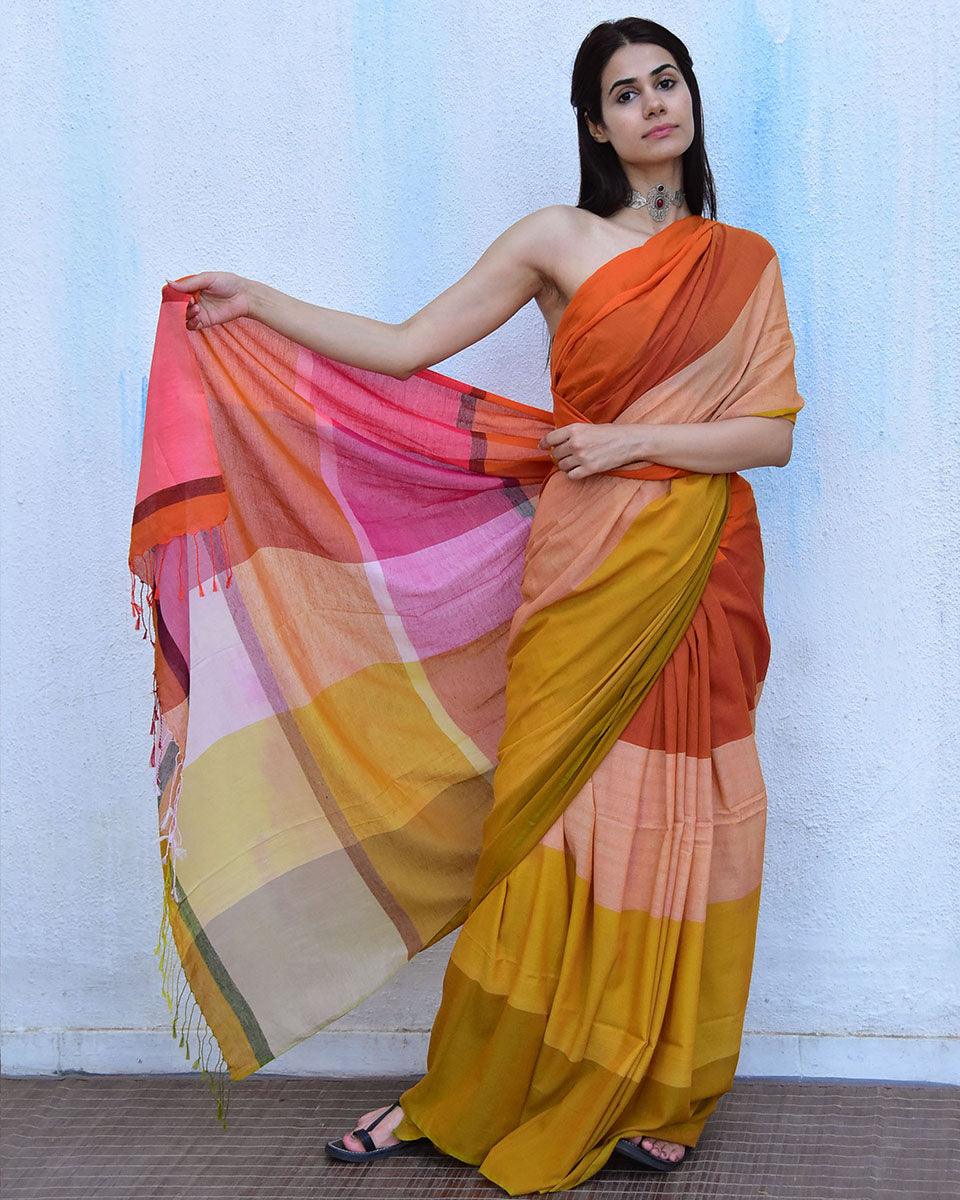 Marigold Handwoven Cotton Saree-Leela