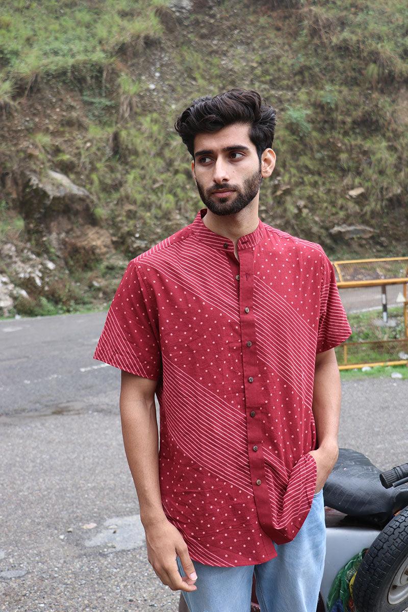 Maroon Block Printed Cotton Half-Sleeved Shirt - Image 5