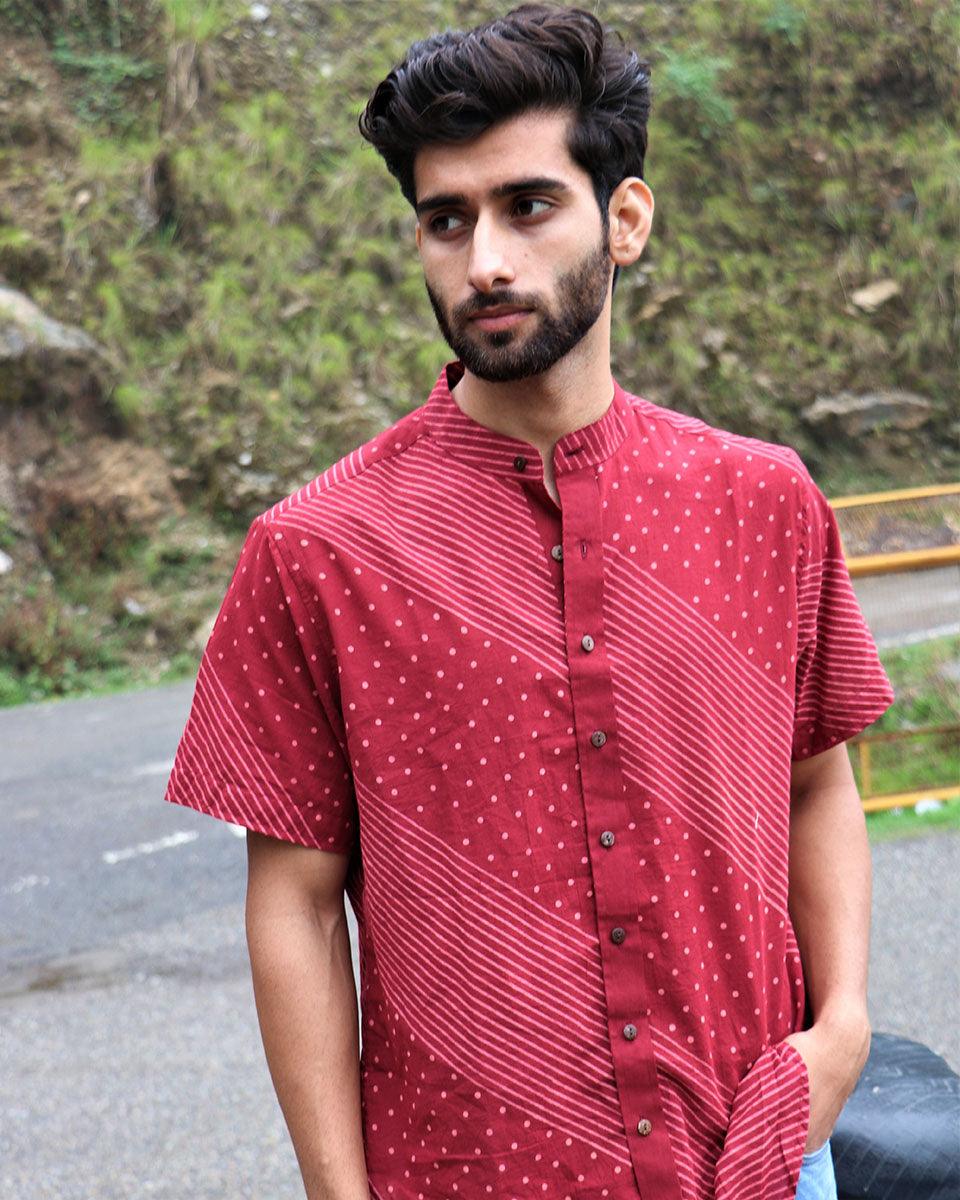 Maroon Block Printed Cotton Half-Sleeved Shirt - Image 6