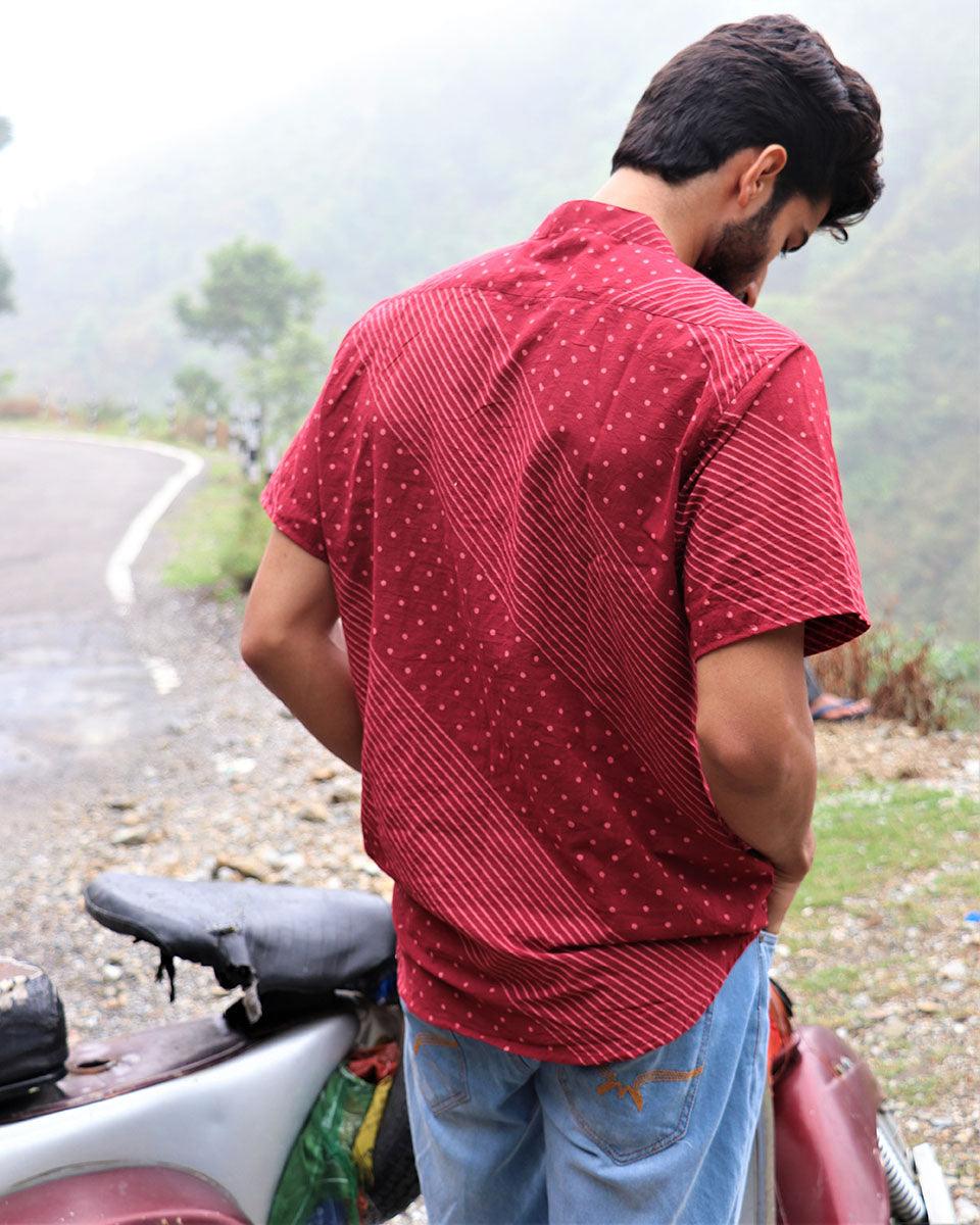 Maroon Block Printed Cotton Half-Sleeved Shirt - Image 8