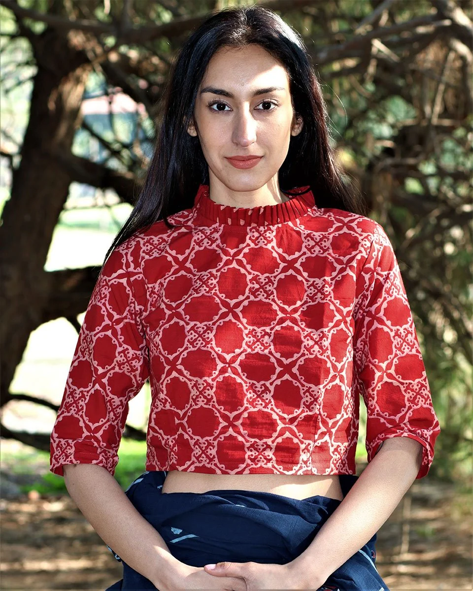 Maroon Blockprinted Cotton Crop Top Blouse With Frills