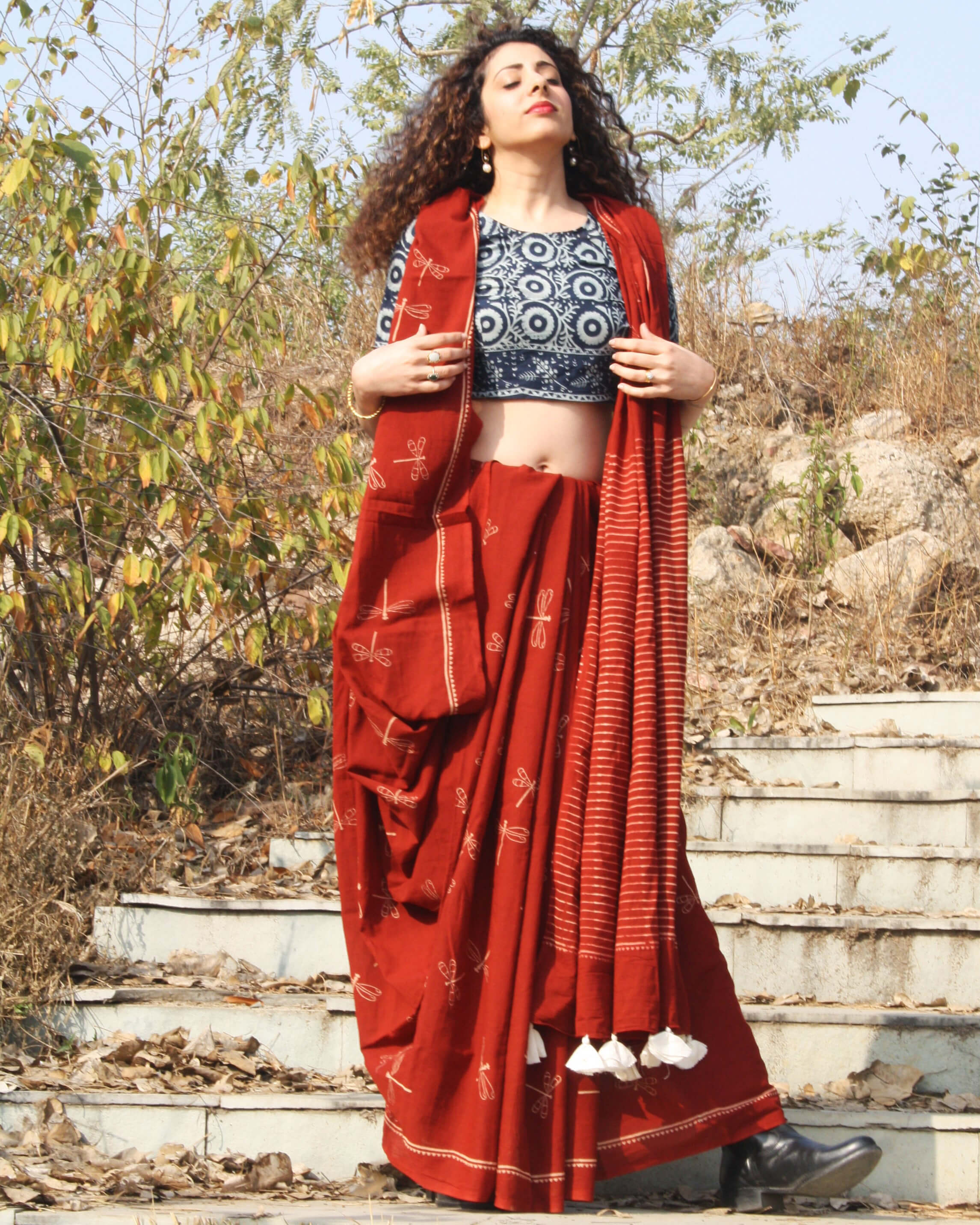 Dragonfly Love Handblockprinted Cotton Saree - Image 5
