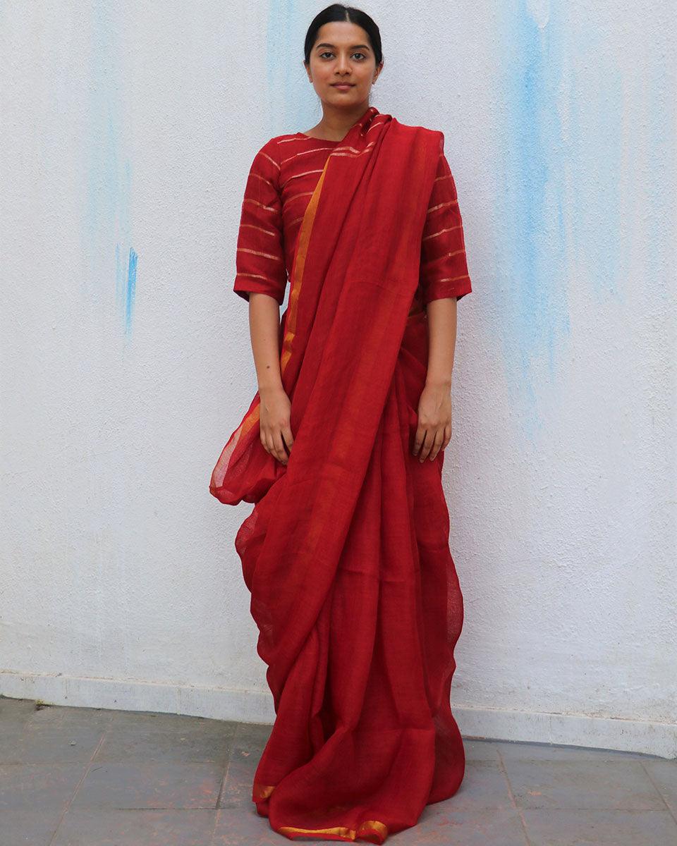 Red Charm Handwoven Linen Saree - Everyday Beautiful - Image 2