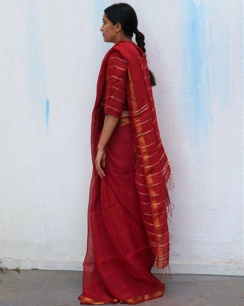 Red Charm Handwoven Linen Saree - Everyday Beautiful - Image 4