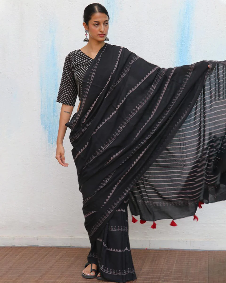 Matilda Hand Blockprinted Cotton Saree - Fmtm - Image 4