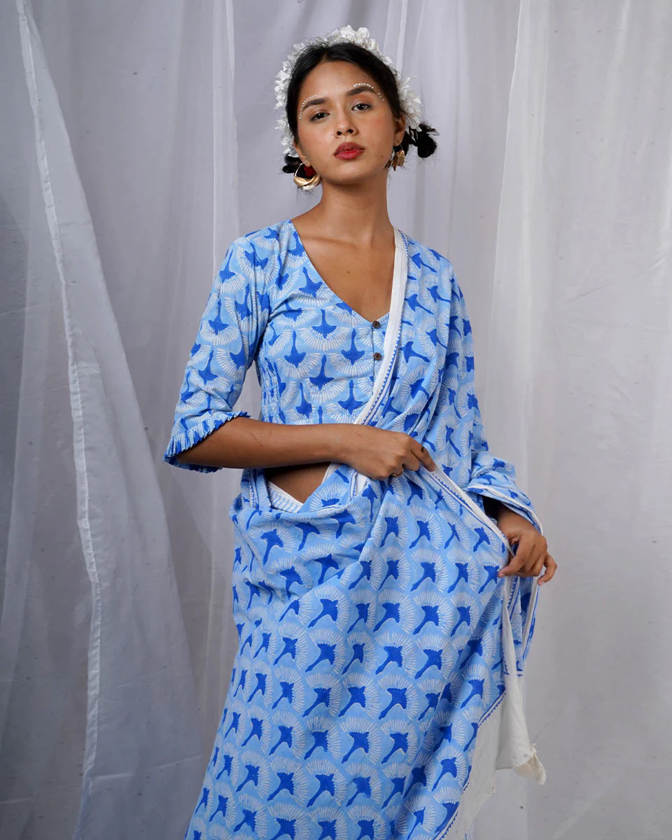 Maya Blue Hand Block Printed Saree-BAD - Image 4